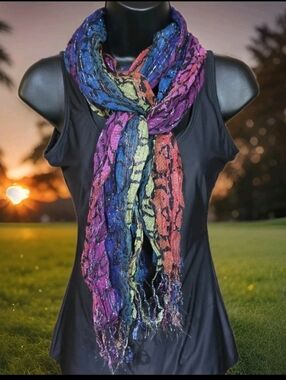 Vintage Verticle Rainbow Striped Scarf w/ Abstract Black Accent Design Boho EUC